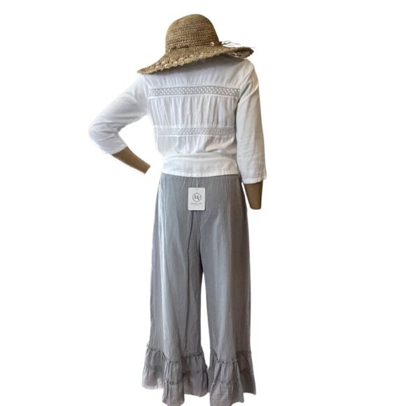 Beachy 3-Piece Set: Crop Ruffle Pant Linen Button-Up Top Sz S Seagrass Hat 329A - Picture 7 of 16